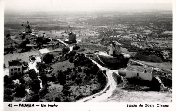 Postcard Palmela Setubal Portugal, Um trecho, windmills, partial view