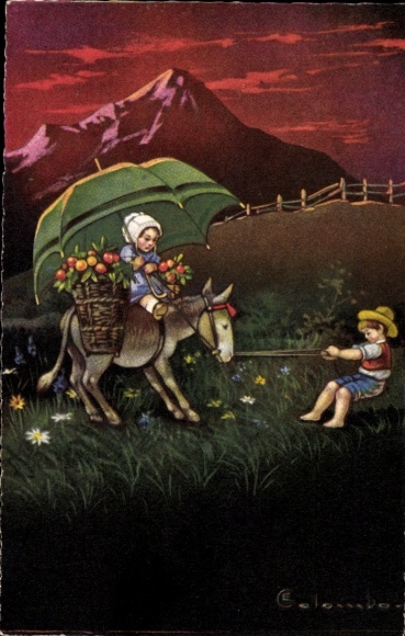 Artist Postcard Colombo, Boy pulling stubborn donkey