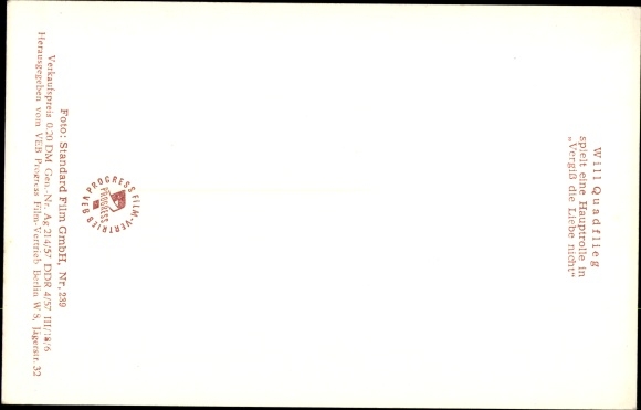 Postcard Actor Will Quadflieg, Leading Role in Don&#39;t Forget Love, portrait