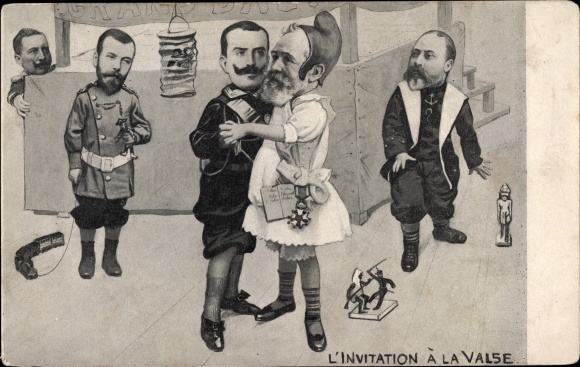 Postcard Invitation to the Waltz, Emile Loubet, Viktor Emanuel III., Eduard VII., Zar Nikolaus II., Kaiser