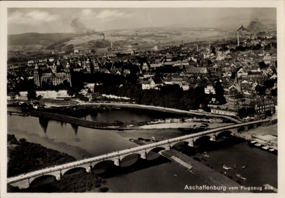 Postcard Aschaffenburg in Lower Franconia, aerial view of river, bridge, city view