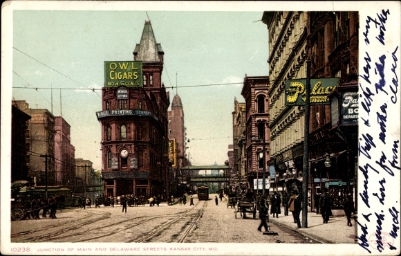 Ak Kansas City Missouri USA, kruising van Main Street en Delaware Street