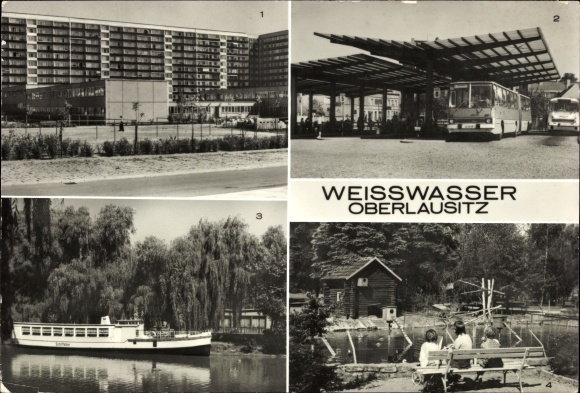Postcard Weißwasser in Upper Lusatia, residential complex at the water tower, Leninring, bus station, zoo