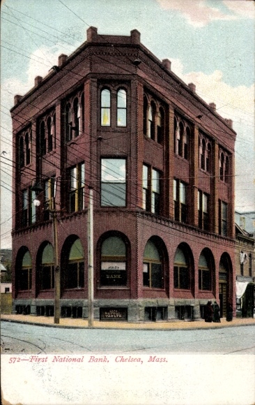 Ak Chelsea Massachusetts USA, First National Bank, gebouw, elegante architectuur