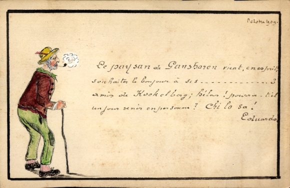 Hand-painted Postcard Ganshoren, old man with pipe