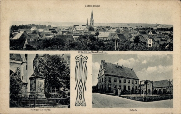 Postcard Niedersaulheim in Rheinhessen, total view of town, war memorial, school