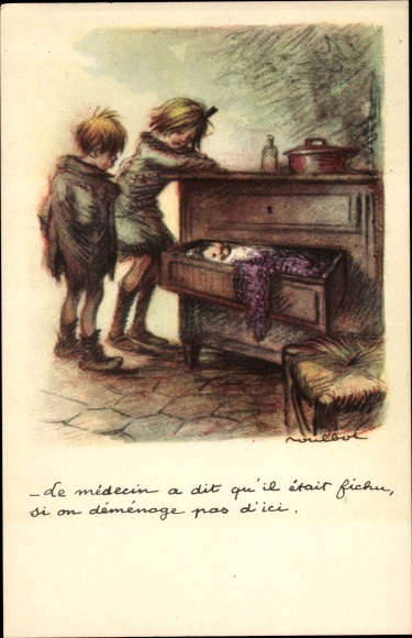 Artist Postcard Poulbot, Franciscque, Baby im Schubkasten, The doctor said he was done for
