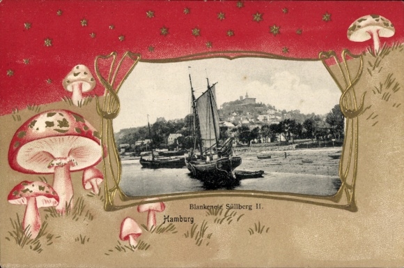KP z tłoczonym passepartout Hamburg Altona Blankenese, Süllberg, port, grzyby, gwiazdy
