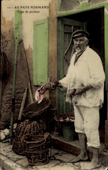 Postcard Normandy, fisherman in front of a house, lobster