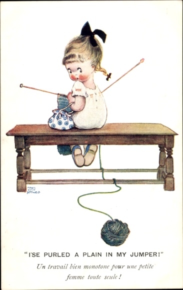 Artist Postcard Attwell, ML, Girl knitting, ball of wool