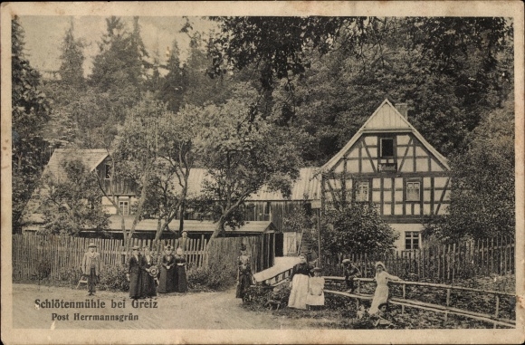 Postcard Mohlsdorf Teichwolframsdorf Thuringia, Schlötenmühle, half-timbered house, passers-by