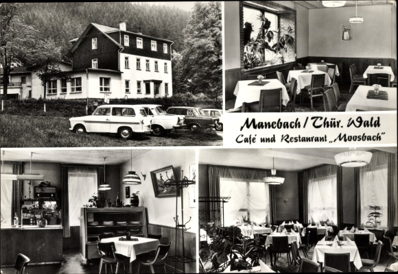 Postcard Manebach Ilmenau in Thuringia, Cafe and Restaurant Moosbach, exterior view, interiors
