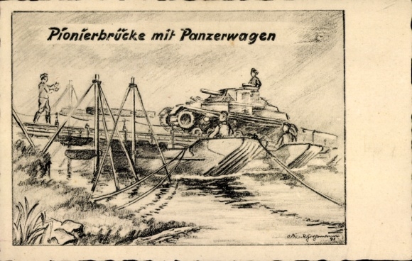 Artist Postcard Pioneer Bridge with Armored Car, Wehrmacht