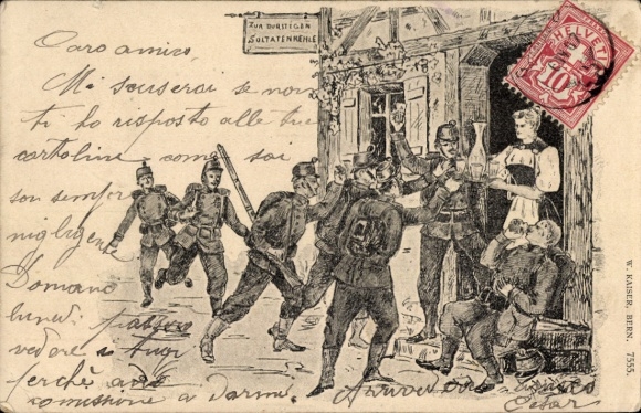 Artist Postcard French soldiers storm German restaurant in Alsace