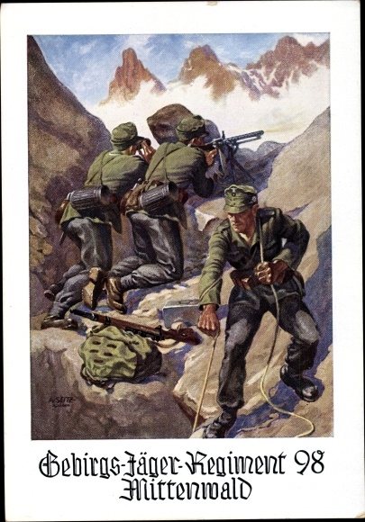 Künstler Ak Mittenwald in Oberbayern, Gebirgsjäger Regiment 98