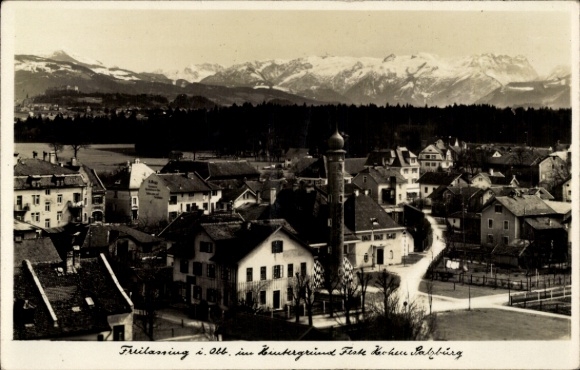 Postcard Freilassing in Upper Bavaria, partial view, Hohen Salzburg Fortress