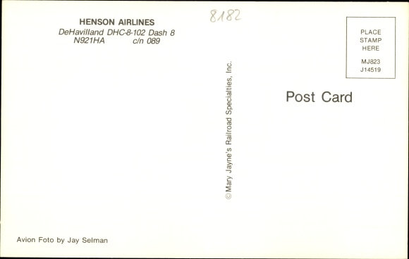 Postcard American Passenger Aircraft, Henson Airlines, DeHavilland DHC-8-102 Dash 8, Piedmont, N921HA