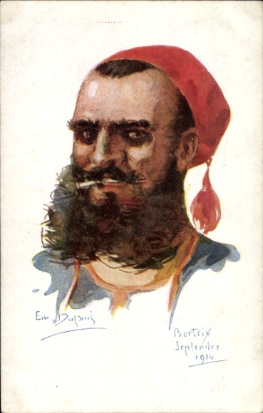 Kunstenaarskaart Dupuis, Emil, Franse soldaat, sigaret