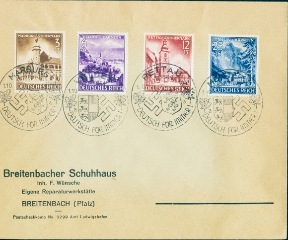 Briefumschlag Breitenbach in der Pfalz, Breitenbacher Schuhhaus, F. Wünsche, Propagandastempel