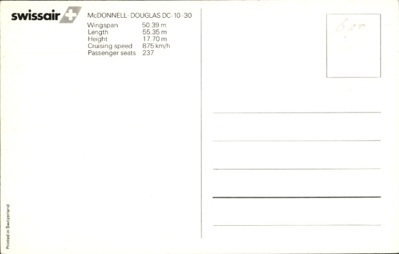 Postcard Swiss passenger aircraft of Swissair, McDonnell-Douglas DC-10-30