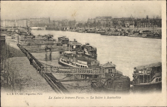 Ak Paris XIII, de Seine bij Austerlitz, boten op de pier