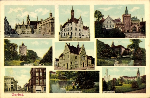 Zerbst in Anhalt, market, post office, Heidetor, Kickinpot, district office, Friedrichsplatz, ducal palace