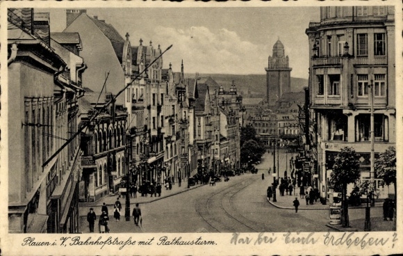 Postcard Plauen in Vogtland, city view, Bahnhofstraße, town hall tower,