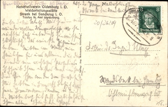 Postcard Streek Sandkrug Hatten in Oldenburg, Naturheilverein Oldenburg, forest recreation site