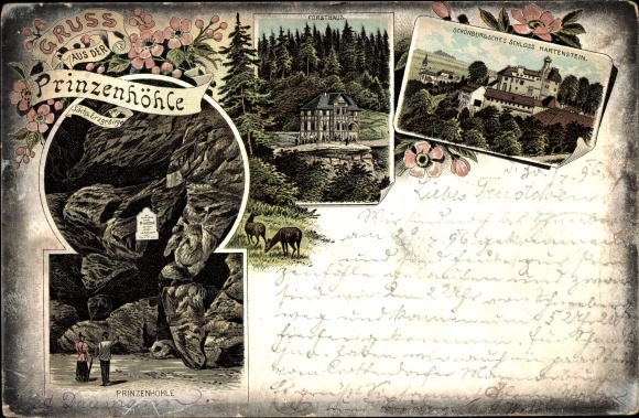 Chromo-Litho Hartenstein in the Ore Mountains of Saxony, Prince's Cave, Forester's House, Hartenstein Castle