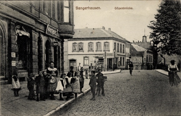 Postcard Sangerhausen, area in front of the Göpen Bridge, pharmacy