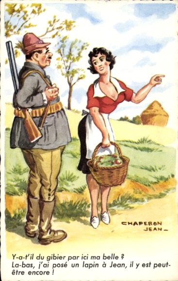 Artist Postcard Chaperon, Jean, hunter and woman