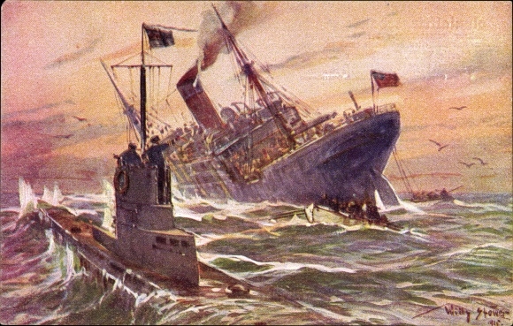 Artist PC Stöwer, Willy, Destruction of an English merchant steamer by a German U-boat