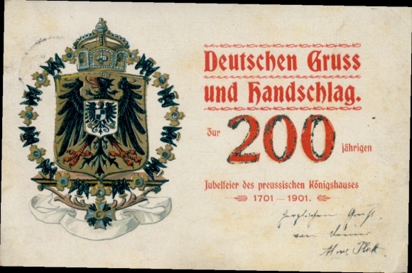 Glitter Coat of Arms Chromo-Litho German Greeting and Handshake, 200 Years of the Prussian Royal House 1901