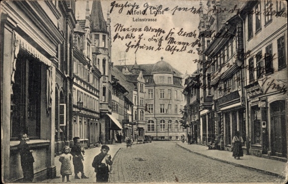Postcard Alfeld an der Leine, Leinstrasse, children on the street, buildings