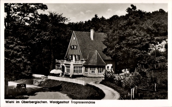 Postcard Wiehl in the Oberbergischer Kreis, house with gable roof, forest inn, stalactite cave, paved