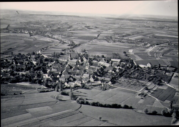 Postcard Seinsheim in Lower Franconia, aerial photograph of Seinsheim with church, many houses and fels...