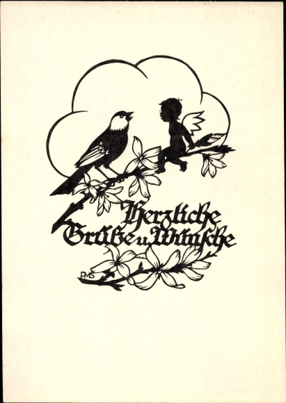 Paper cut Postcard Schwindt, AM, Warm greetings and wishes, bird, elf
