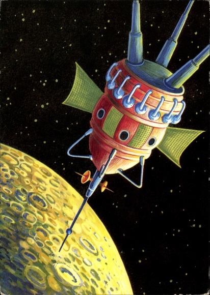 Artist Postcard Manned Lunar Module Approaching the Earth's Satellite, Space Travel