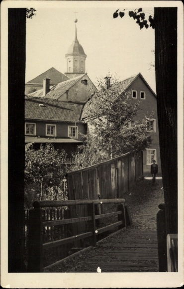Ak Bischofswerda in Sachsen, Pfarrgasse, evangelische Kirche, Brücke, Häuser
