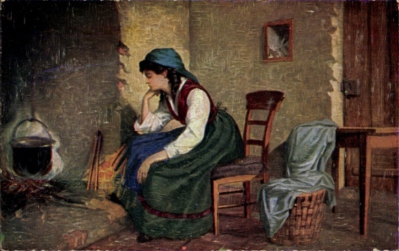 Kunstenaar Ak Kroj, T., Sad Cinderella Girl by the Fire