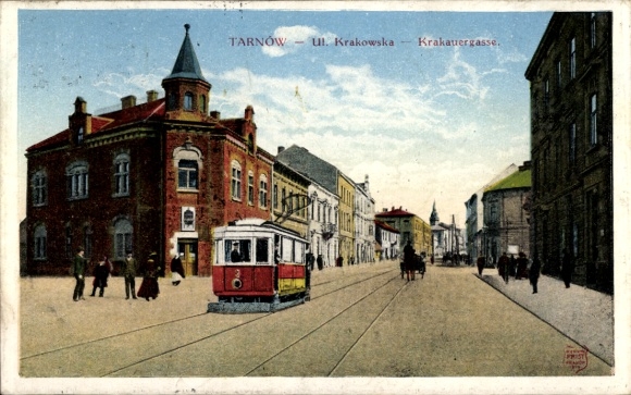 Postcard Tarnów Tarnau Poland, Ul. Krakowska, Krakauergasse, tram 3