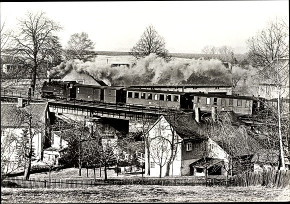 Postcard Oybin in Saxony, Zittau Mountains in winter, the narrow-gauge railway, steam locomotive