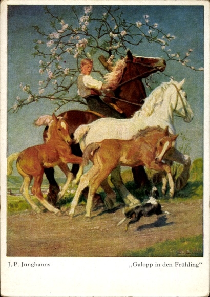 Artist Postcard Junghanns, JP, Gallop into Spring, Horses, Dog