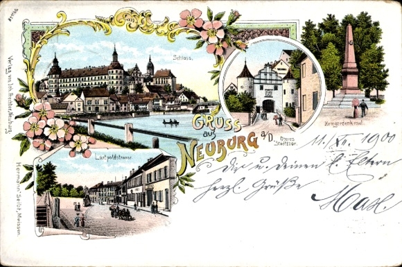 Chromo-Litho Neuburg an der Donau Upper Bavaria, Upper City Gate, War Memorial, Castle