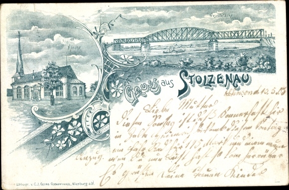 Chromo-Litho Stolzenau on the Weser, Church, Weser Bridge, Church