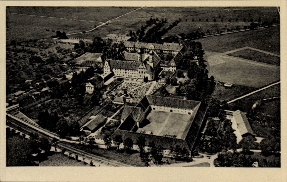 Postcard Benediktbeuern in Upper Bavaria, aerial photograph, castle, park, agricultural land, vehicles