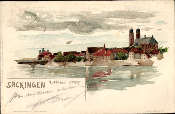 Artist Chromo-Litho Voellmy,F., Bad Säckingen, general view of the city