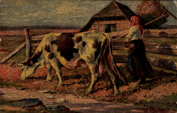 Artist Postcard Merker, W., Homecoming, Farmer's Wife with Cow