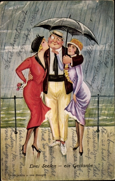 Artist Postcard man with two women, rainy weather, three souls one thought