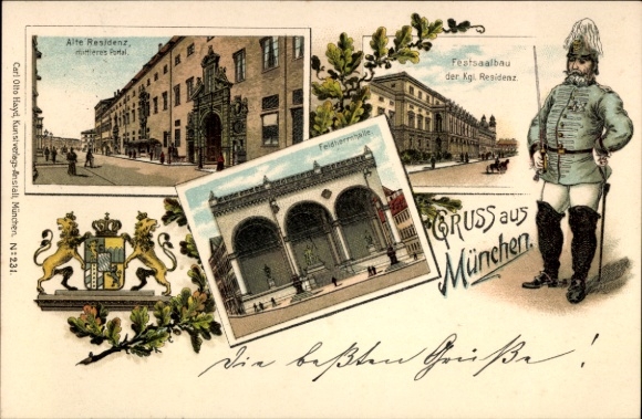 lito Monachium, Stara Rezydencja, portal, budynek sali balowej Rezydencji Królewskiej, Feldherrnhalle, herb